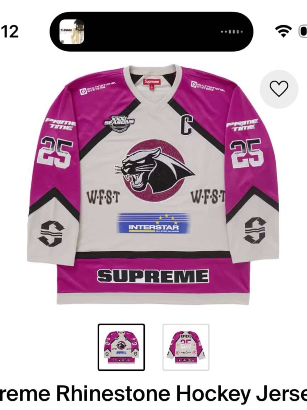 Supreme Rhinestone Hockey Jersey - Light Grey & Magenta Accents - Picture 2 of 2